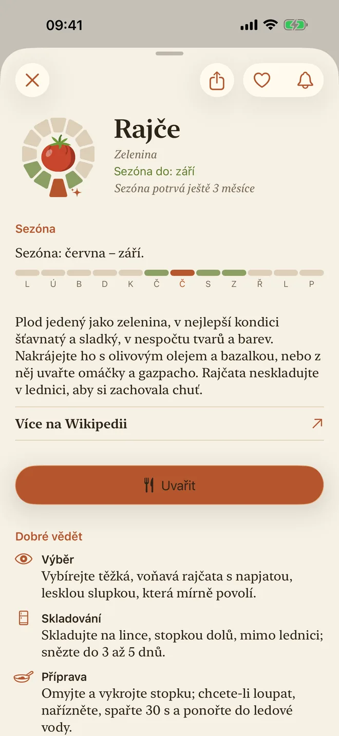 Stránka rajčete s jeho sezónou a popisem
