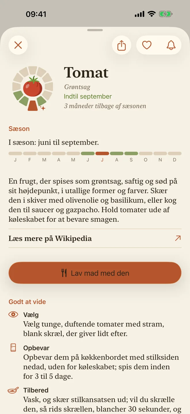 Siden om tomaten med dens sæson og beskrivelse