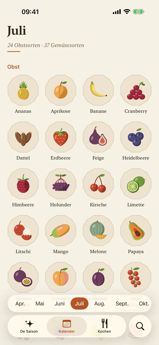 Der Kalender: Obst, das im Juli Saison hat
