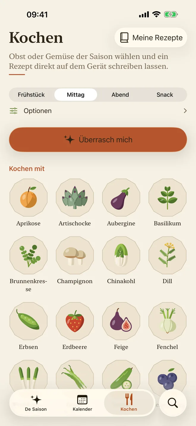 Der Tab „Kochen“, mit Mahlzeitenauswahl und der Schaltfläche „Überrasch mich“