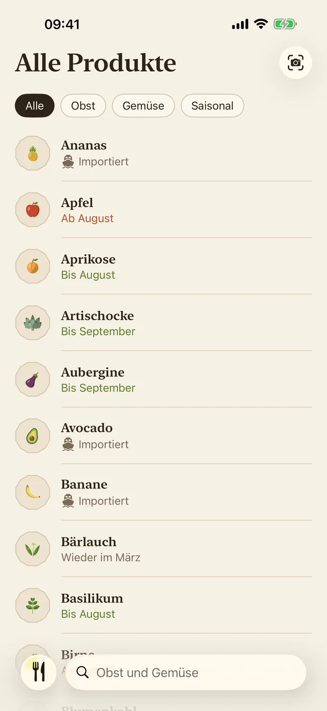 Die Liste aller Produkte, mit Filtern und Suche