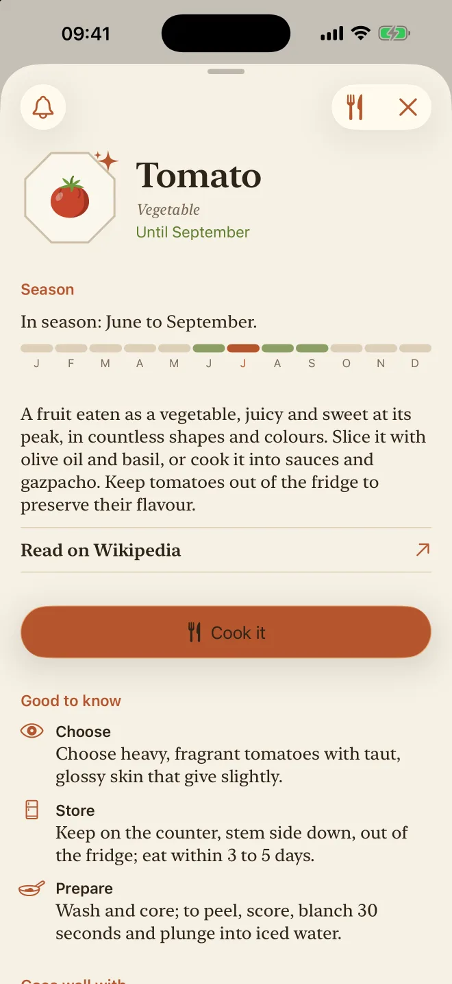 A food page with its season and description
