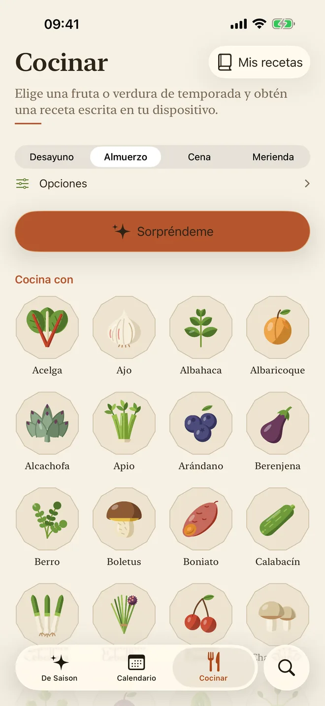 La pestaña Cocinar, con la elección de comida y un botón «Sorpréndeme»