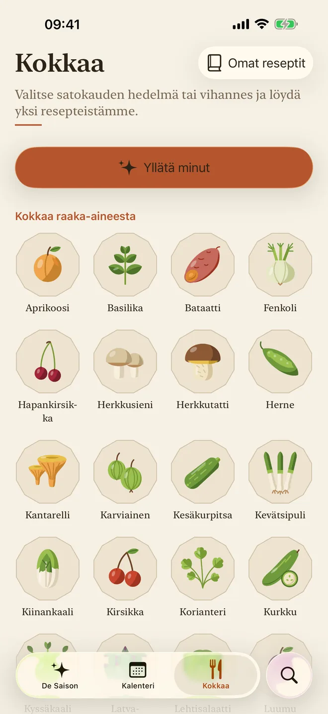 Kokkaa-välilehti, jossa aterian valinta ja Yllätä minut -painike