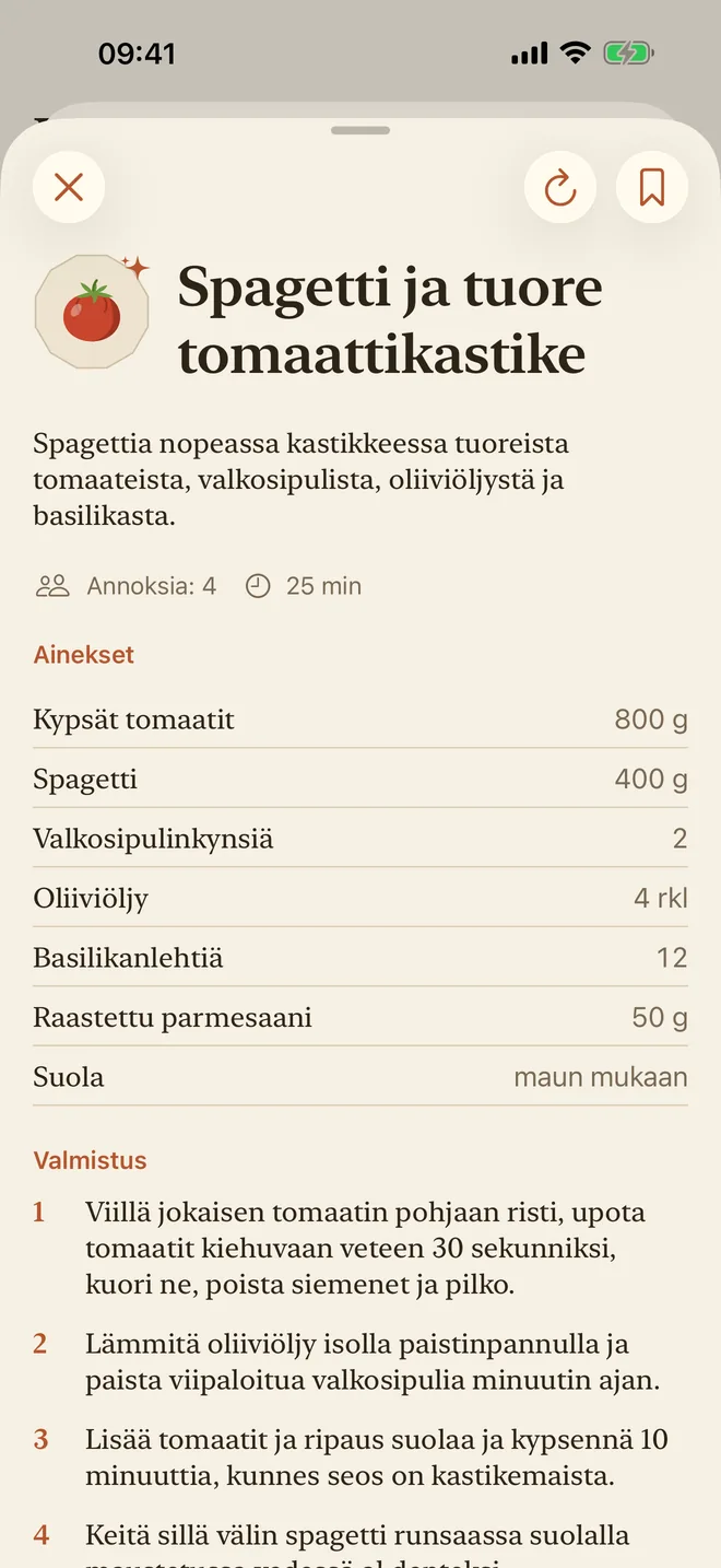 Tomaattiresepti, jossa on ainekset ja valmistusohje