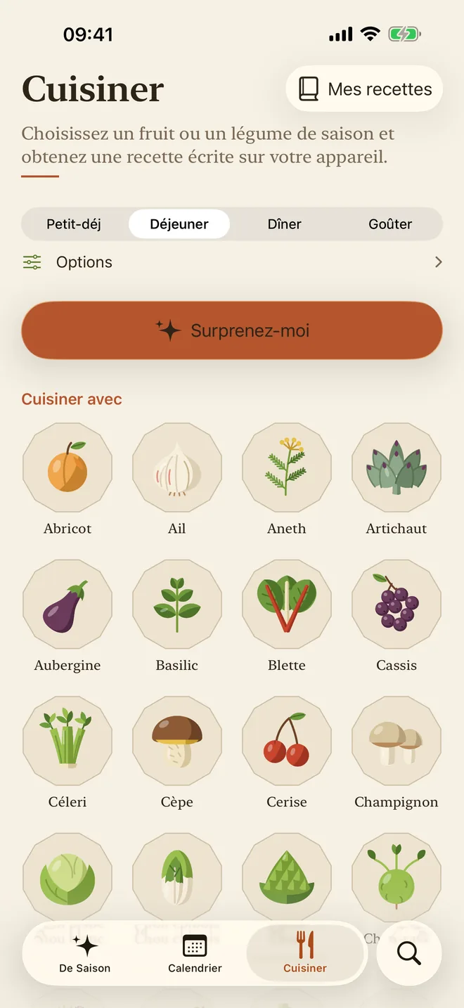 L’onglet Cuisiner, avec le choix du repas et le bouton Surprenez-moi