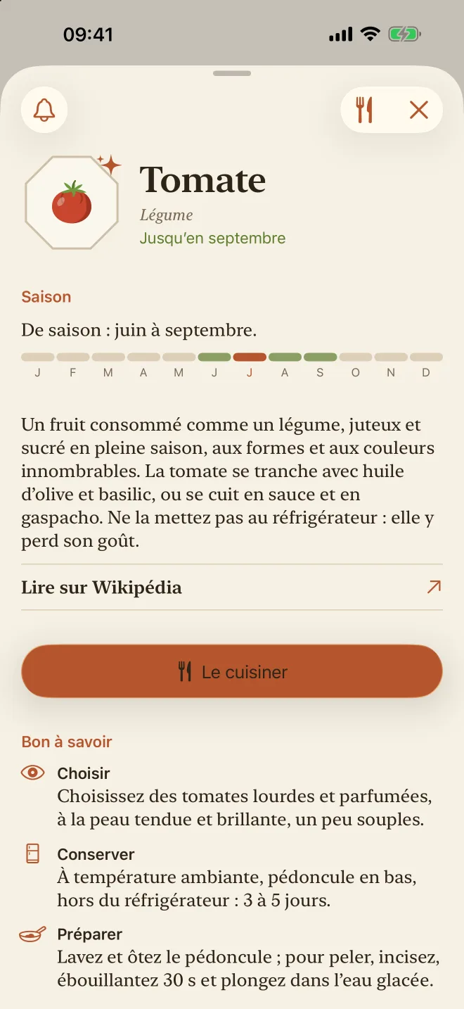 La fiche d’un produit avec sa saison et sa description