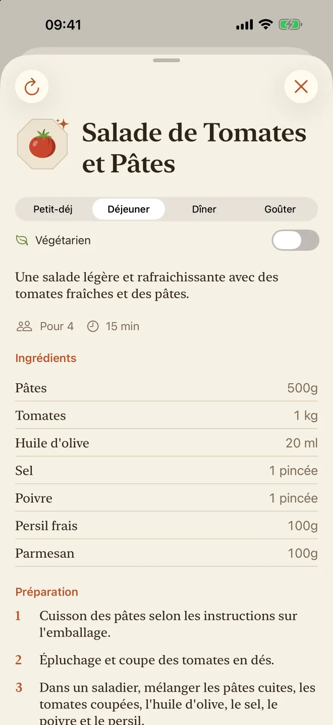 Une recette de salade de tomates et basilic écrite par Apple Intelligence