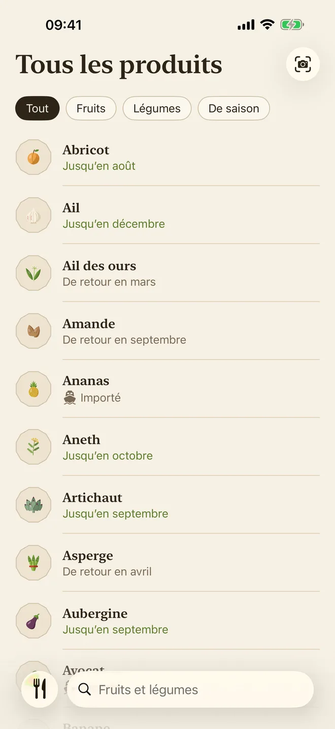 La liste de tous les produits, avec filtres et recherche