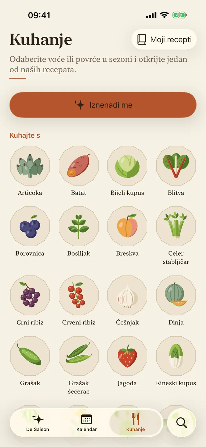 Kartica Kuhanje s odabirom obroka i gumbom Iznenadi me