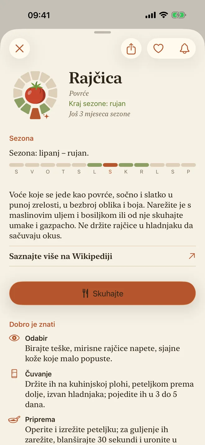 Stranica rajčice sa sezonom i opisom
