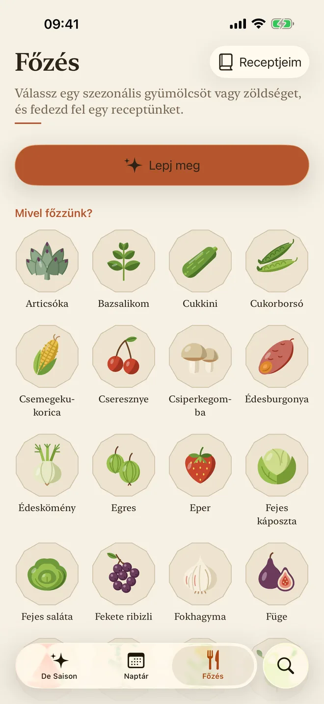A Főzés fül az étkezés kiválasztásával és a Lepj meg gombbal