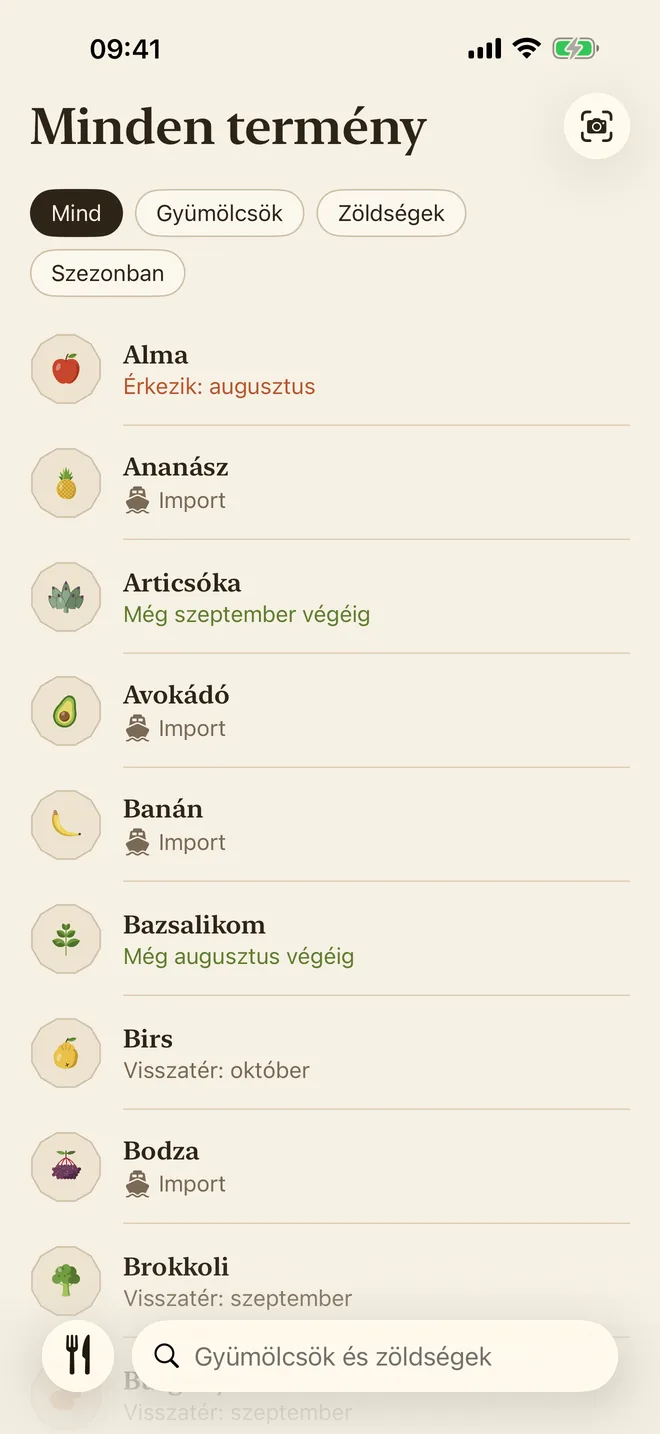 Az összes termény listája szűrőkkel és kereséssel