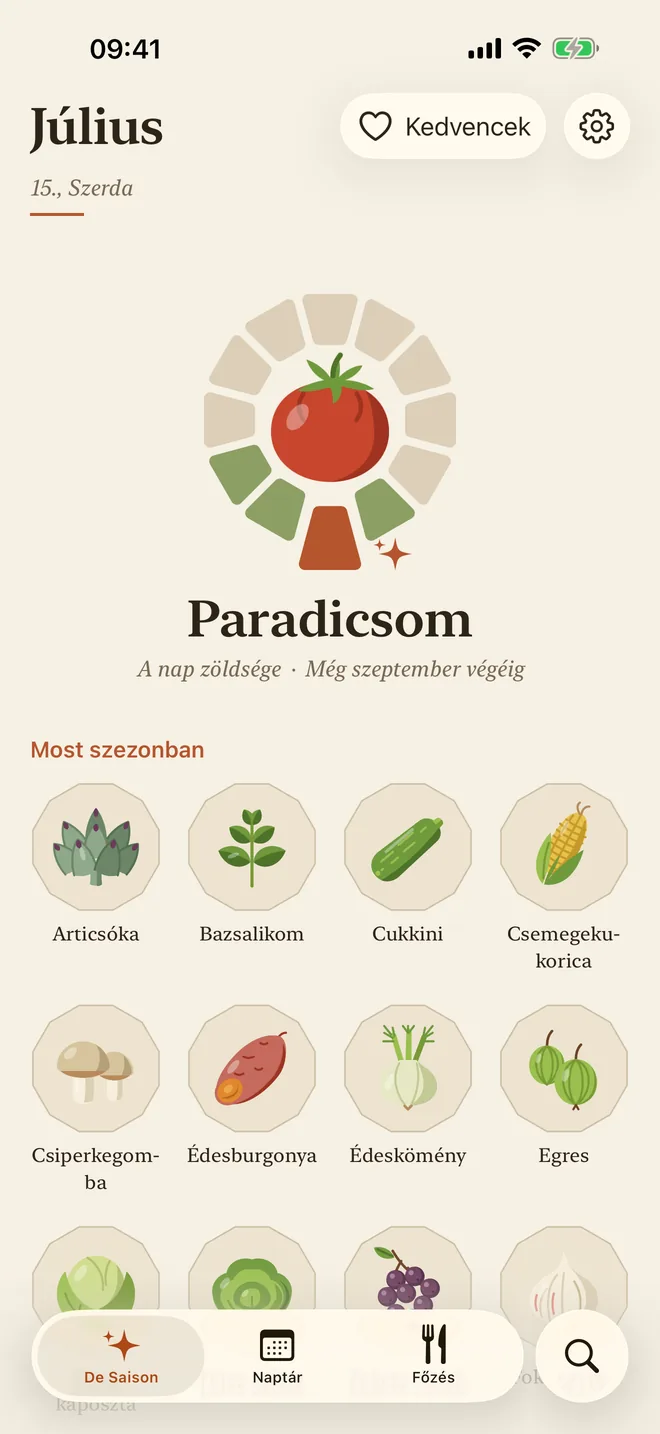 A De Saison kezdőképernyője: a nap zöldsége és a júliusban szezonban lévő termények