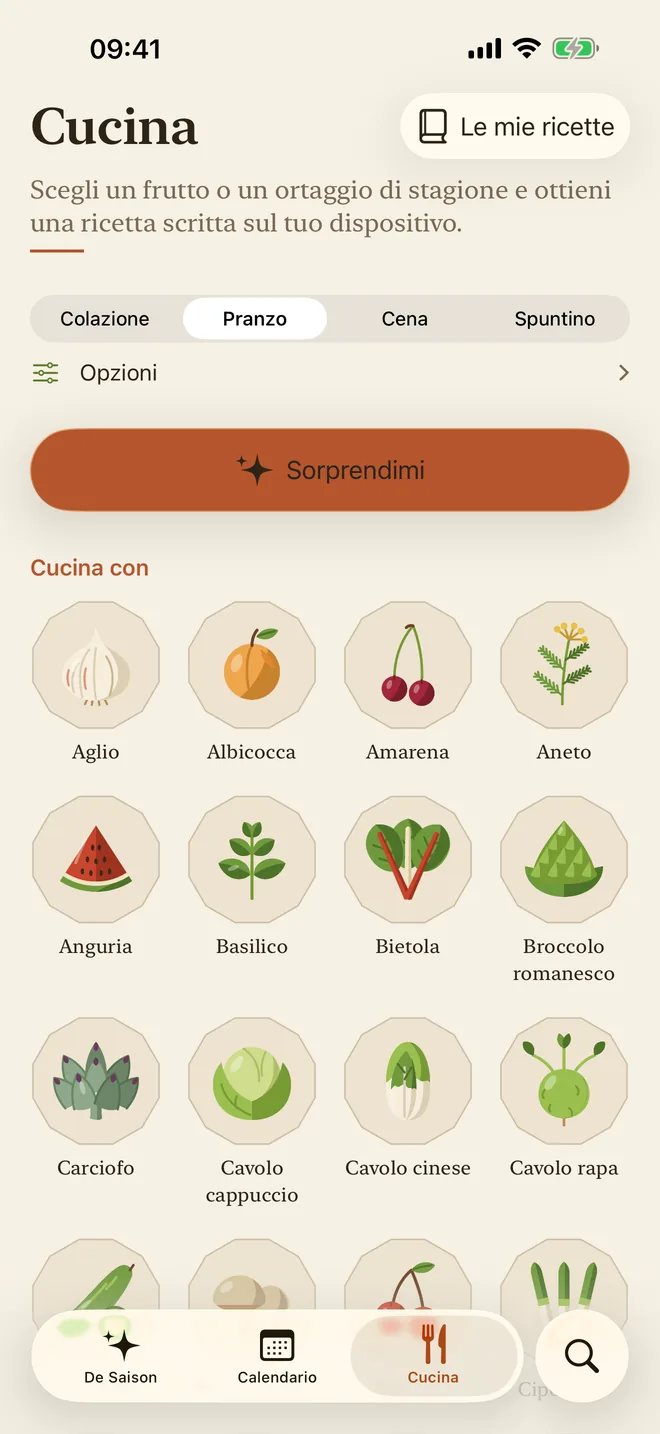 La scheda Cucina, con la scelta del pasto e il pulsante «Sorprendimi»