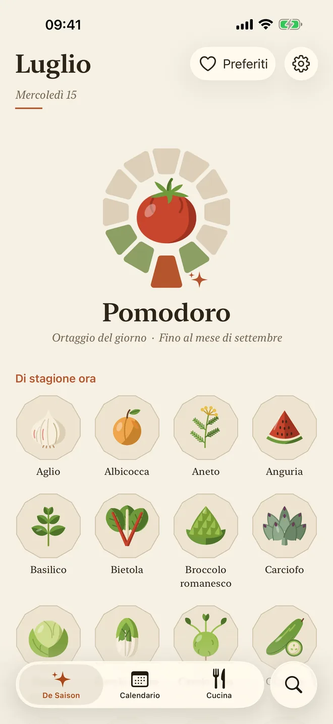 La schermata principale di De Saison: l’ortaggio del giorno e cosa è di stagione a luglio