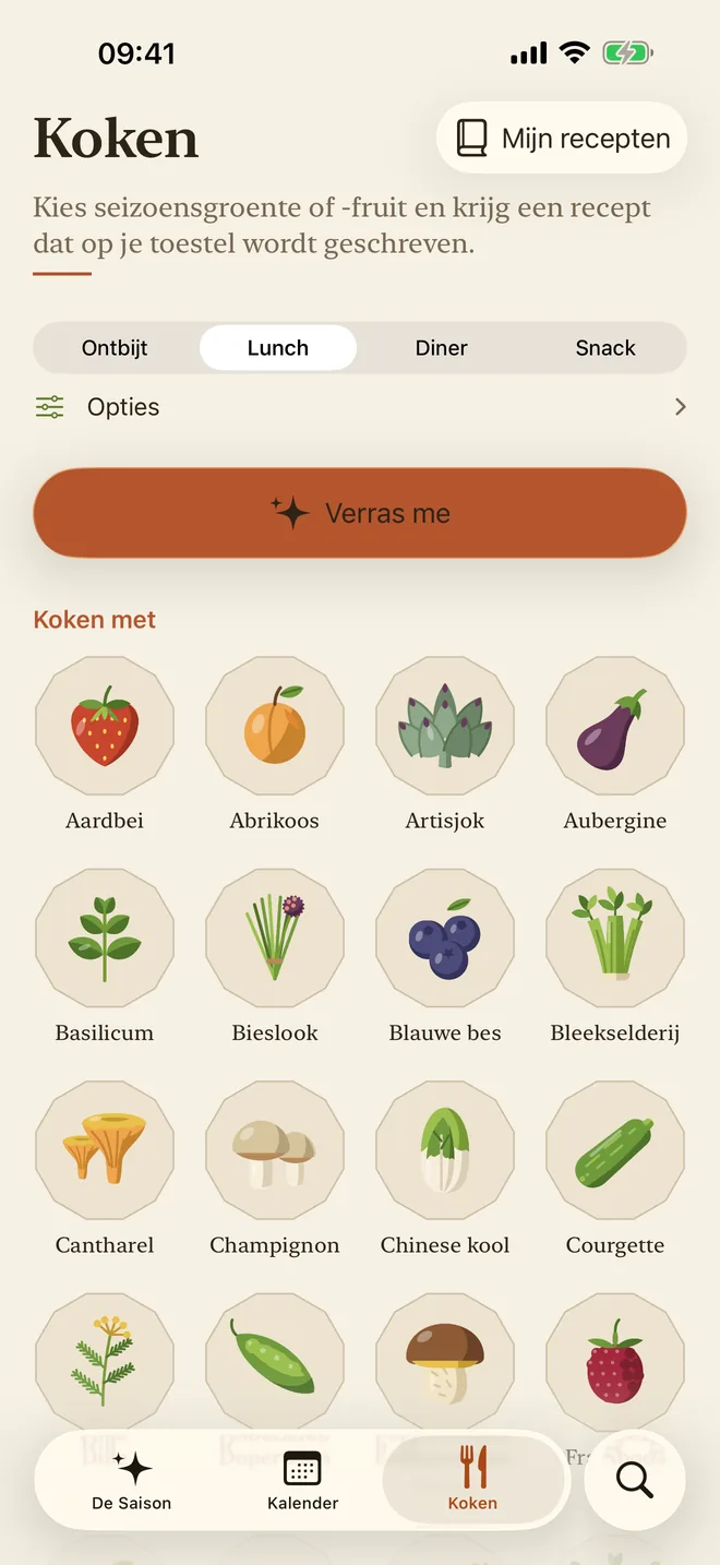 Het tabblad Koken, met een keuze van maaltijd en een knop ‘Verras me’