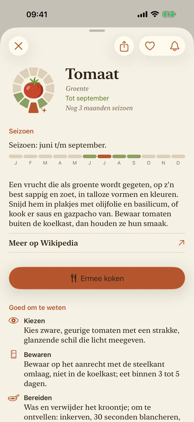De pagina van de tomaat, met het seizoen en een beschrijving