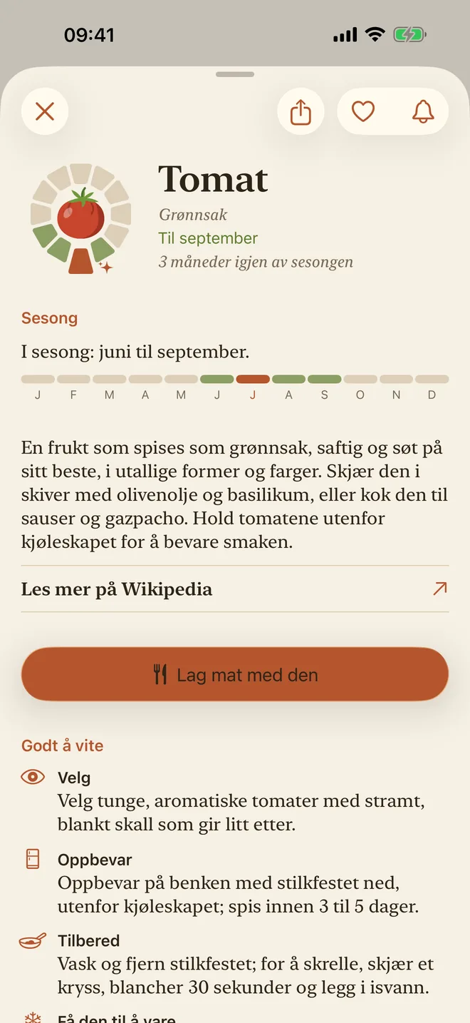 Siden om tomaten, med sesong og beskrivelse