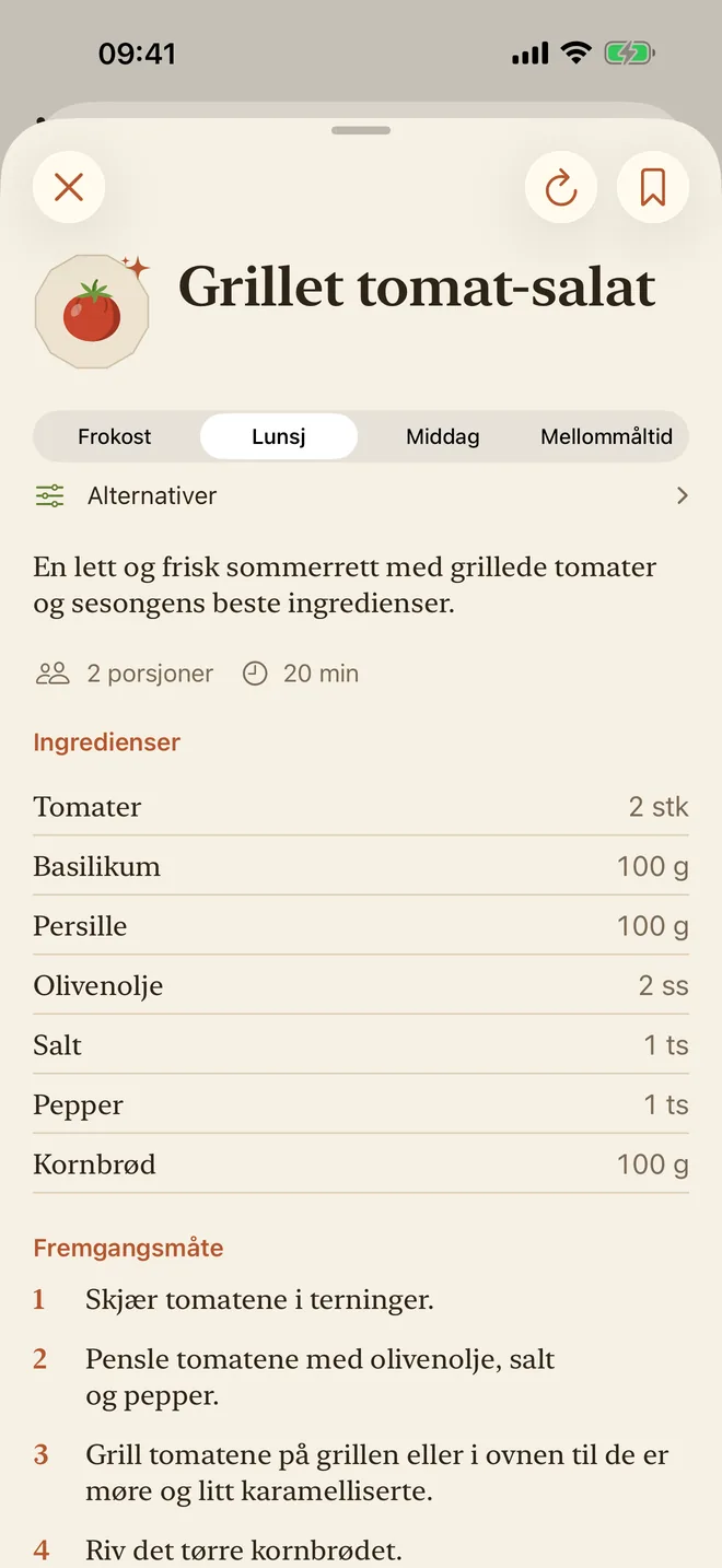 En tomatoppskrift med ingredienser og fremgangsmåte