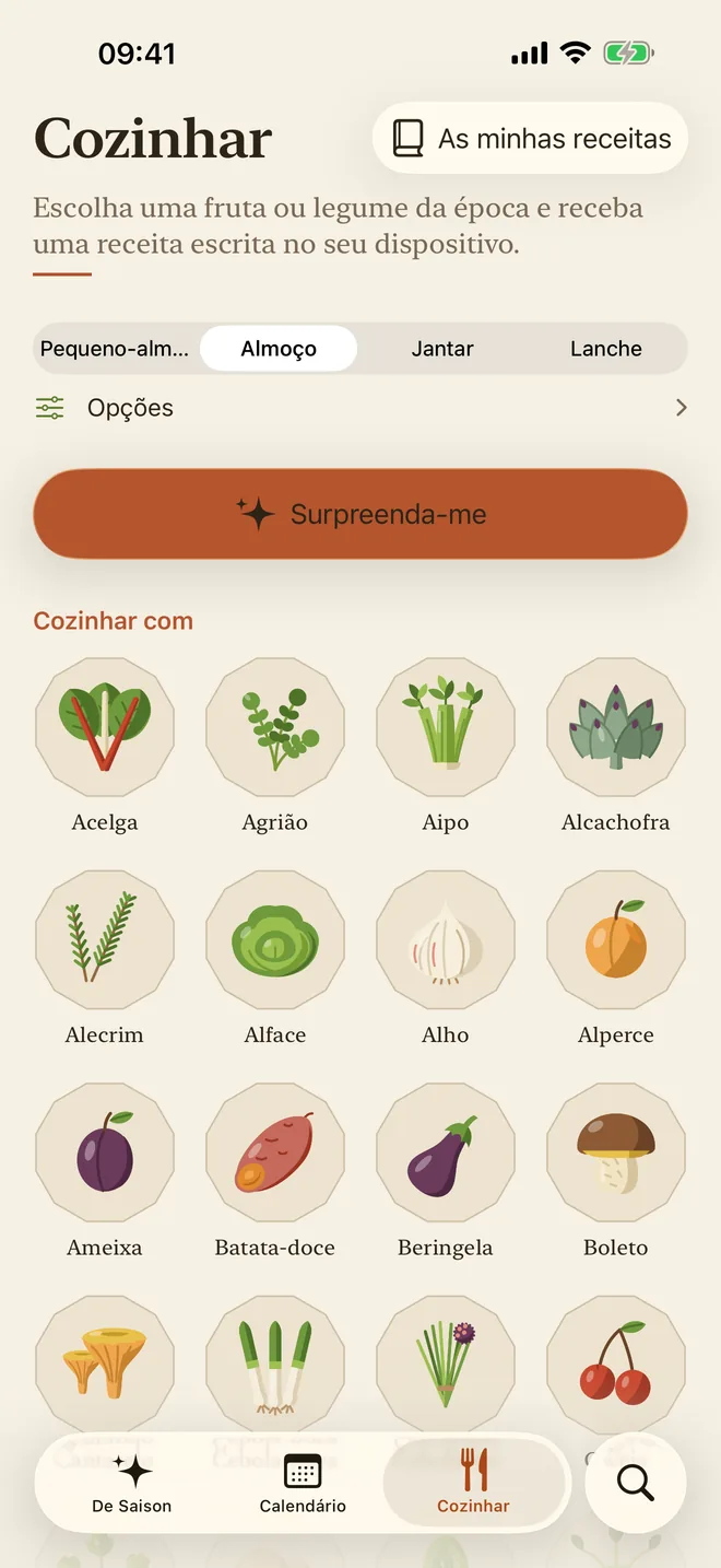 O separador Cozinhar, com a escolha da refeição e o botão «Surpreenda-me»