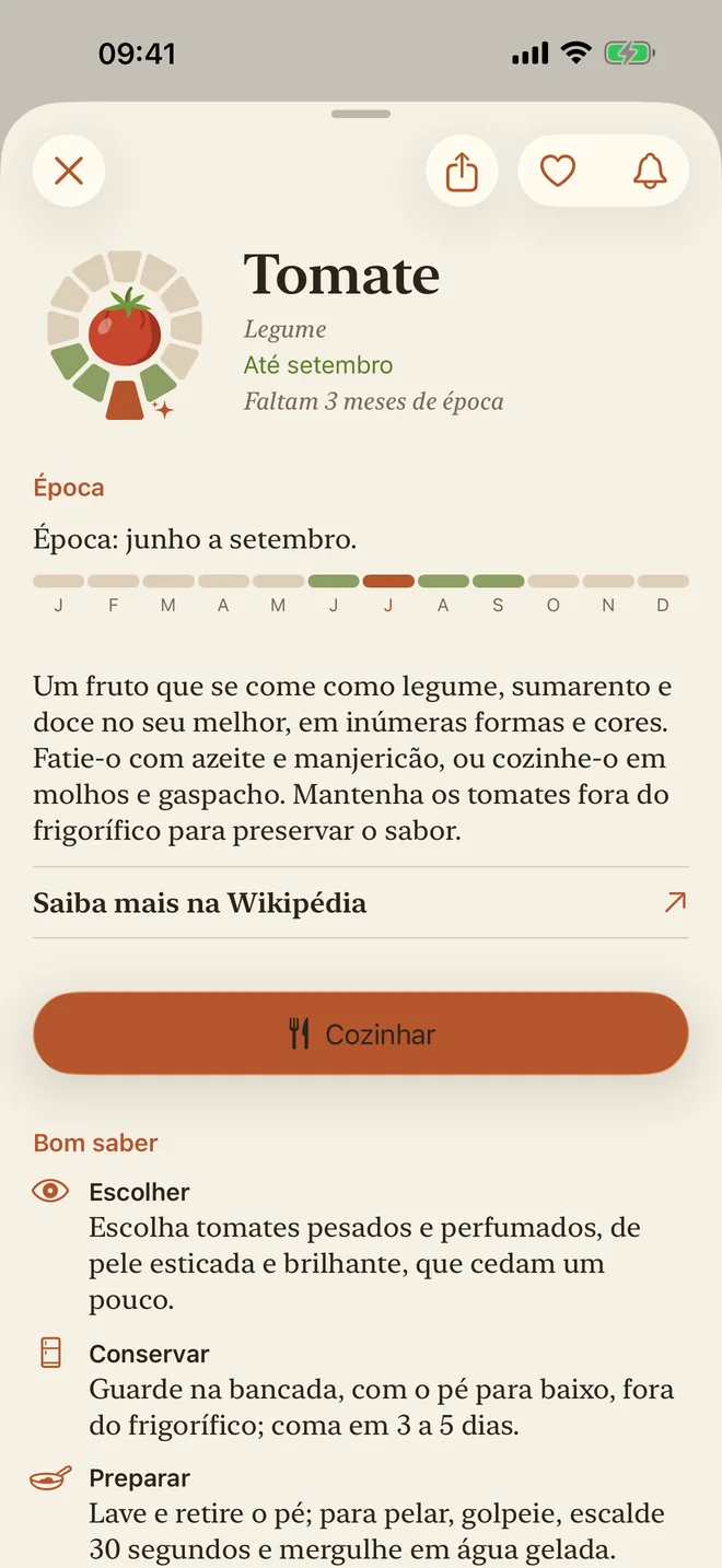 A página do tomate, com a época e a descrição
