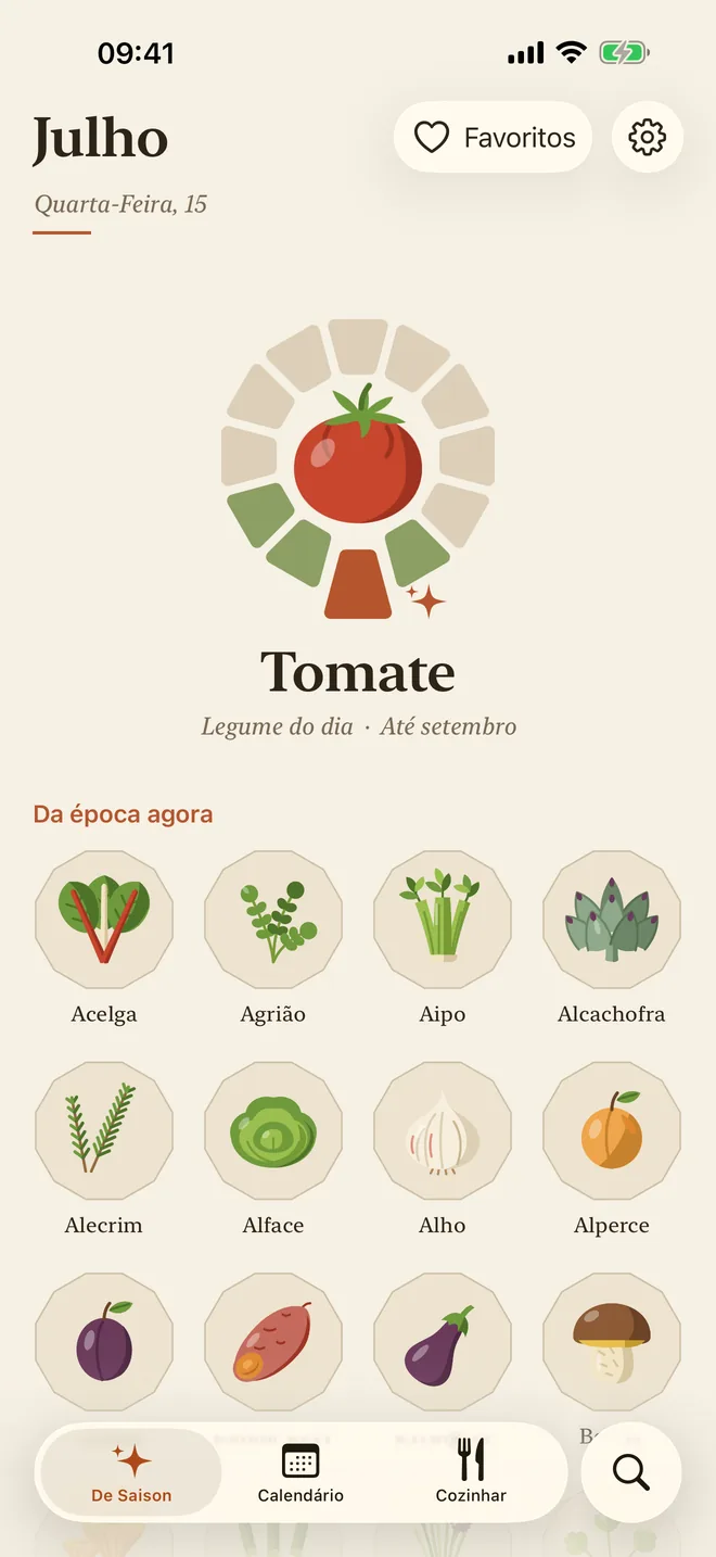 O ecrã principal da De Saison: o legume do dia e o que está da época em julho