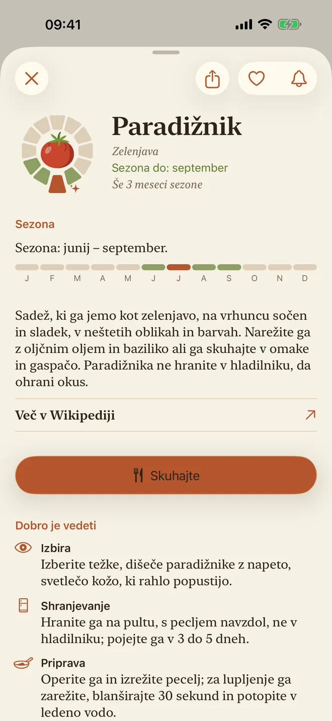Stran paradižnika s sezono in opisom