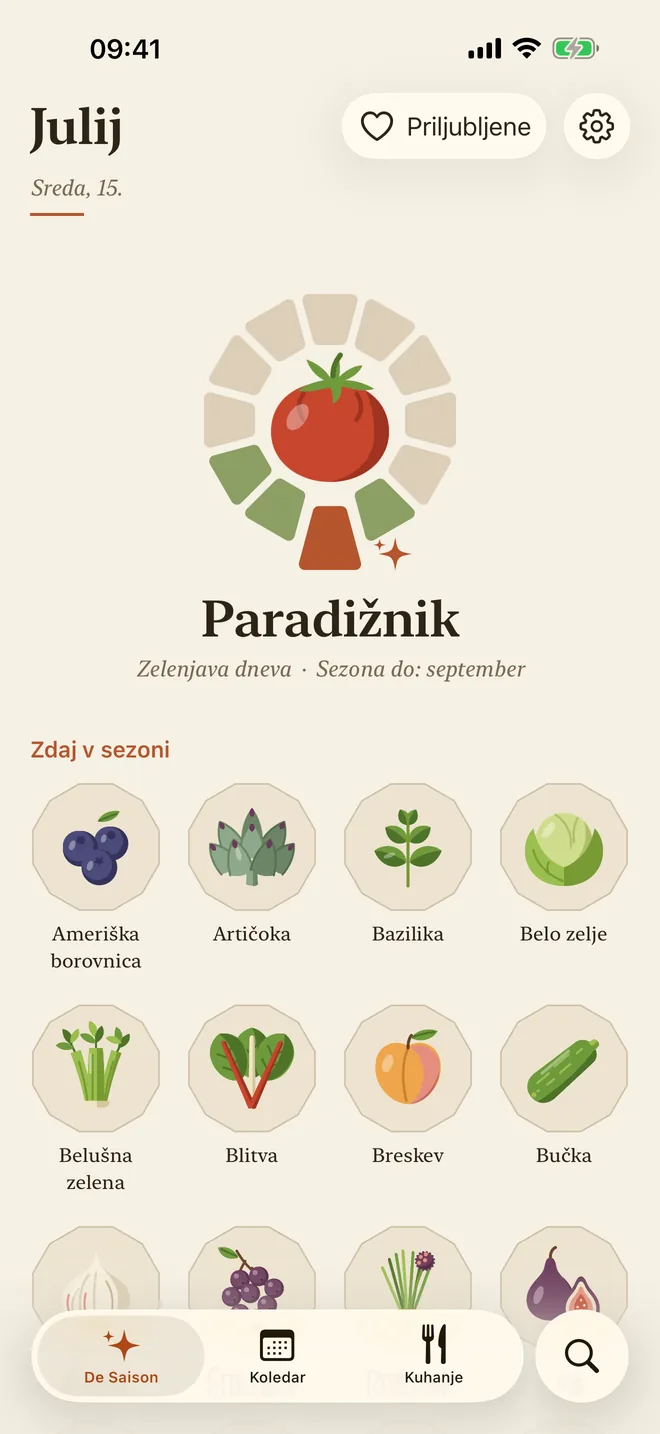 Začetni zaslon aplikacije De Saison: zelenjava dneva in kaj je julija v sezoni