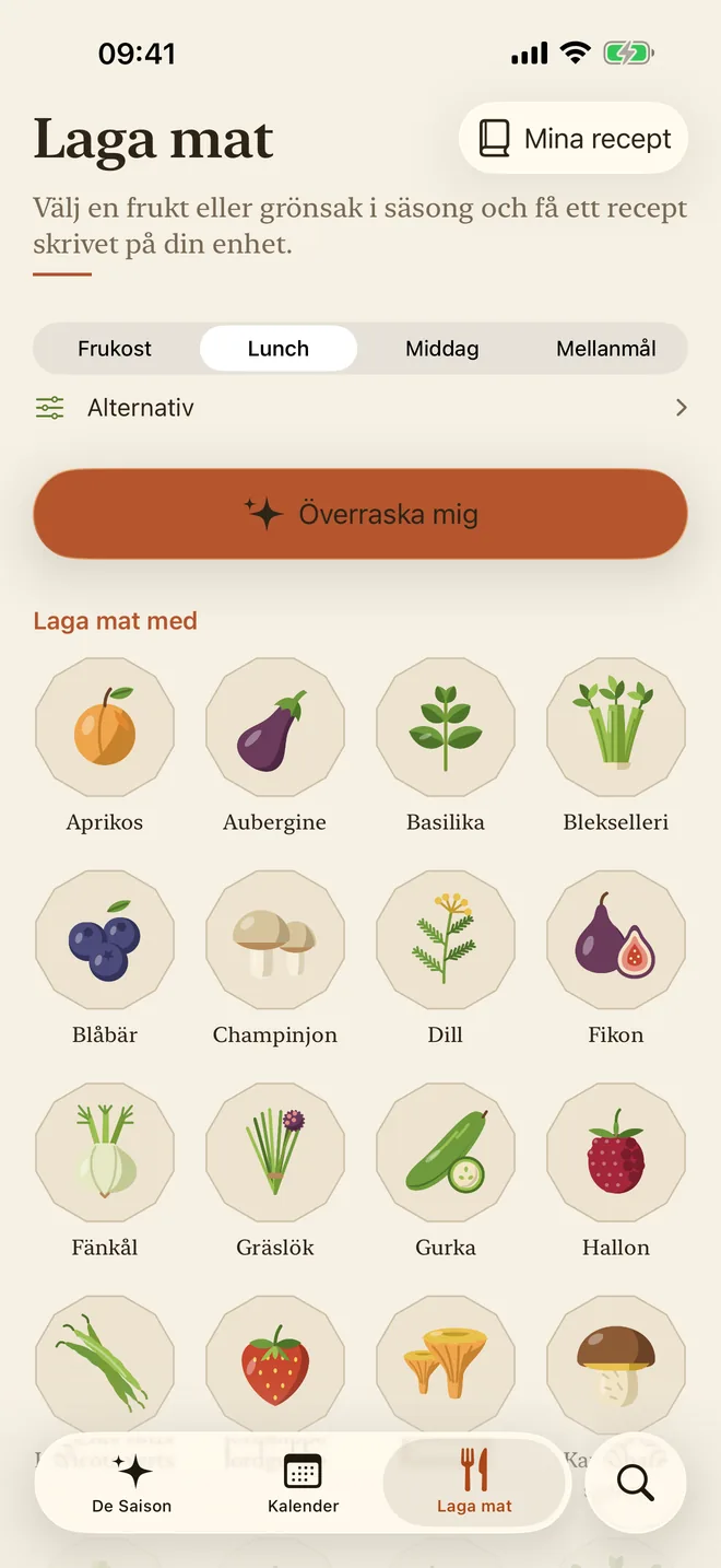 Fliken Laga mat, med val av måltid och en knapp ”Överraska mig”
