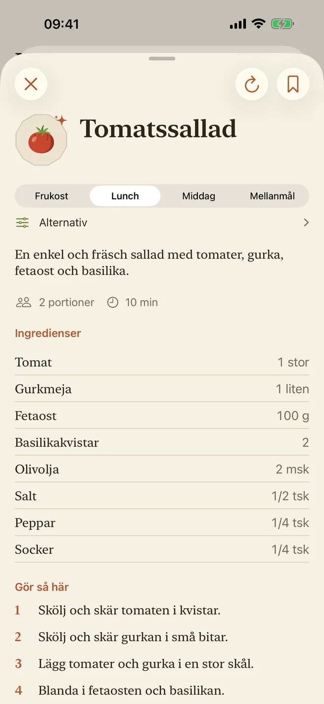 Ett tomatrecept med ingredienser och tillagning