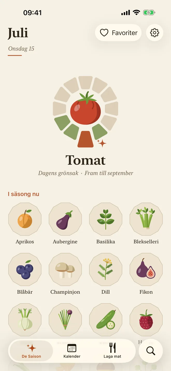 Startskärmen i De Saison: dagens grönsak och vad som är i säsong i juli